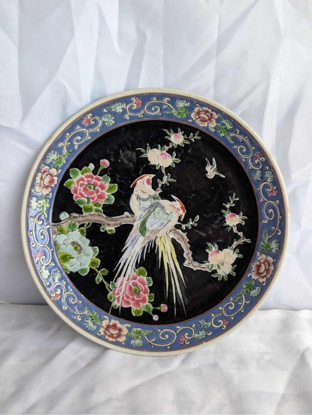 Vintage Chinese Famille Noire Porcelain Plate Paradise Birds Peonies